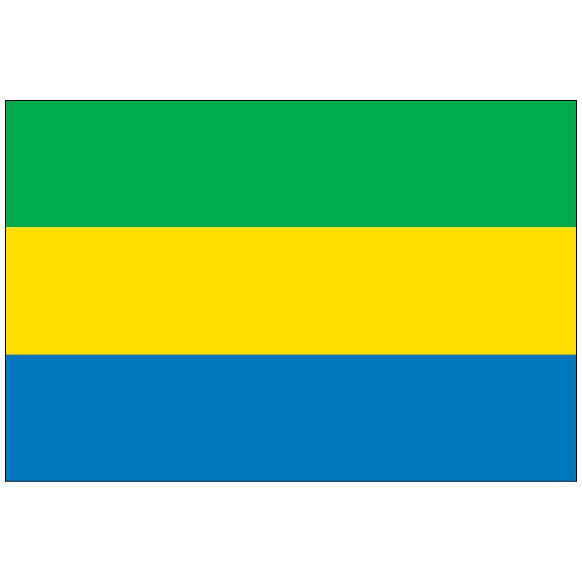 Official Nylon flag of Gabon featuring three equal horizontal stripes: green (top, representing the forests), golden yellow (middle, symbolizing the sun and the Equator), and royal blue (bottom, for the Atlantic Ocean).