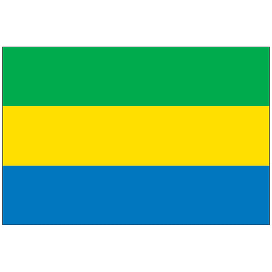 Official Nylon flag of Gabon featuring three equal horizontal stripes: green (top, representing the forests), golden yellow (middle, symbolizing the sun and the Equator), and royal blue (bottom, for the Atlantic Ocean).