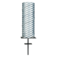 Heavy-duty galvanized steel foundation sleeve and anchor system, featuring a spiral-ribbed sleeve design mounted on a black square base plate and durable ground spike. This foundation sleeve is designed to securely anchor a 4-inch flagpole buttress in the ground.