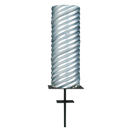 High-capacity galvanized steel foundation sleeve with a spiral pattern and ground anchor, specifically sized for 5-inch to 6-inch flagpole buttress installation. This heavy-duty system includes a black ground spike and base plate for permanent outdoor anchoring.