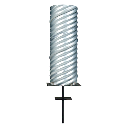 Robust galvanized steel foundation sleeve with a distinct spiral ribbed surface, built for anchoring an 8-inch flagpole buttress. The industrial-grade ground sleeve is shown attached to a black base plate and ground spike for ultimate wind resistance and secure installation.