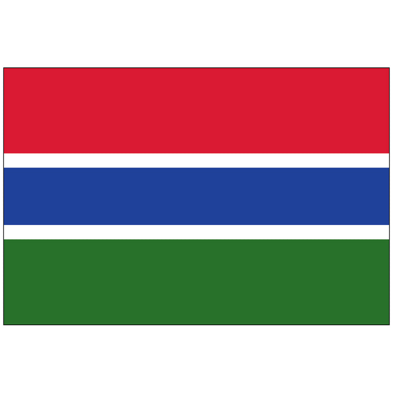 Load image into Gallery viewer, Durable nylon flag of The Gambia featuring five horizontal stripes: a broad red band (sun/savannah) on top, a wide green band (forest/agriculture) on the bottom, separated by a central blue stripe (Gambia River), all defined by thin white borders (peace and unity).
