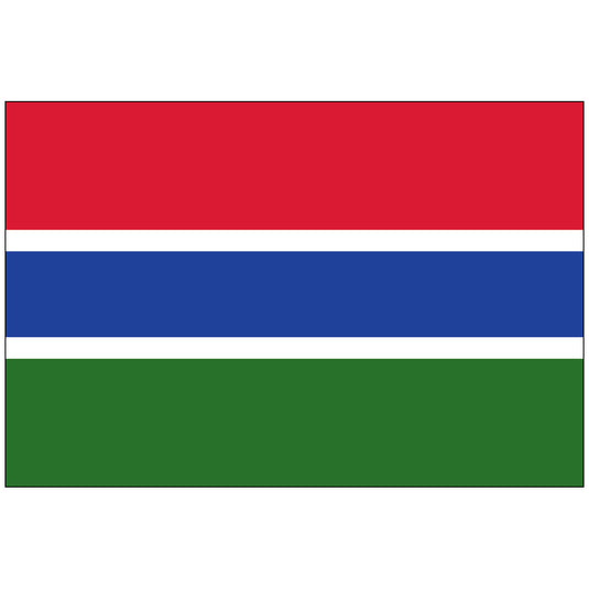 Durable nylon flag of The Gambia featuring five horizontal stripes: a broad red band (sun/savannah) on top, a wide green band (forest/agriculture) on the bottom, separated by a central blue stripe (Gambia River), all defined by thin white borders (peace and unity).