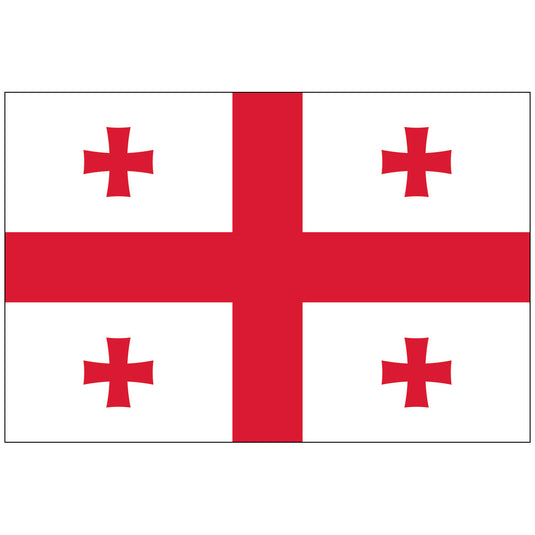 Official Nylon World Flag of Georgia (Republic), known as the Five Cross Flag. It features a white field with a large central red Saint George's cross extending to the edges, and four smaller red Bolnisi crosses in each of the four white quadrants.