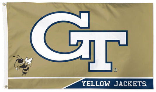 Official NCAA Georgia Tech Yellow Jackets sports flag in a gold and navy color scheme. The main field features the large white and navy GT interlocking logo. A smaller graphic of the Yellow Jacket mascot is in the hoist corner, and the words "YELLOW JACKETS" are printed in a navy banner along the bottom edge.