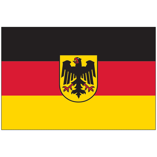 Official Federal Institutions Flag of Germany (Bundesdienstflagge), featuring the horizontal black, red, and gold tricolor with the yellow federal shield and black eagle (Bundesschild) emblem centered on the red stripe. This flag is reserved for government use.