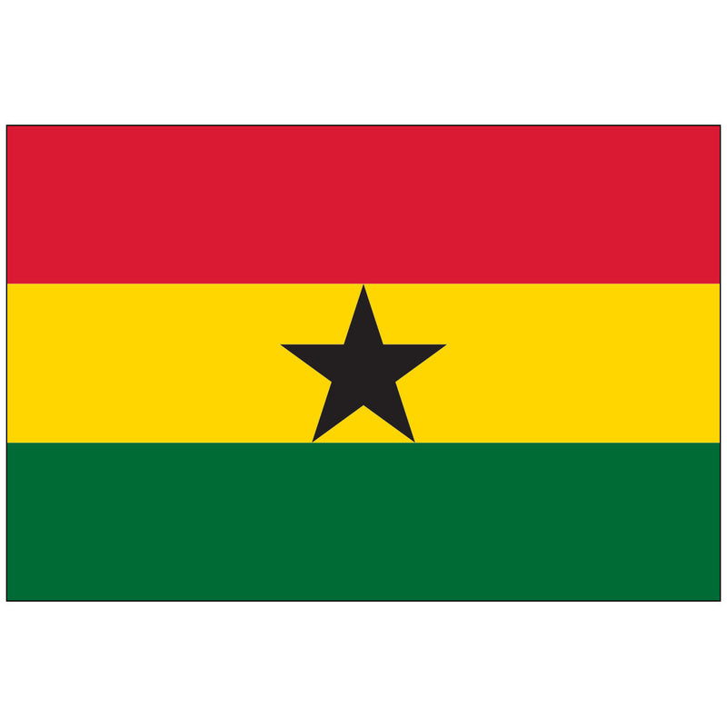 Load image into Gallery viewer, The National World Flag of Ghana, a Pan-African tricolor featuring horizontal stripes of red (top, for independence struggle), golden yellow (middle, for mineral wealth), and green (bottom, for forests). A large black five-pointed star symbolizing African freedom and unity is centered on the yellow stripe.
