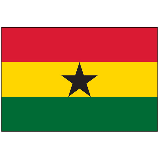 The National World Flag of Ghana, a Pan-African tricolor featuring horizontal stripes of red (top, for independence struggle), golden yellow (middle, for mineral wealth), and green (bottom, for forests). A large black five-pointed star symbolizing African freedom and unity is centered on the yellow stripe.