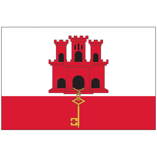 The Nylon flag of Gibraltar, featuring two horizontal bands of white (top, double width) and red (bottom). The white field contains a prominent three-towered red castle, from whose central gate hangs a large golden key extending into the lower red stripe, symbolizing Gibraltar's role as the key to the Mediterranean.