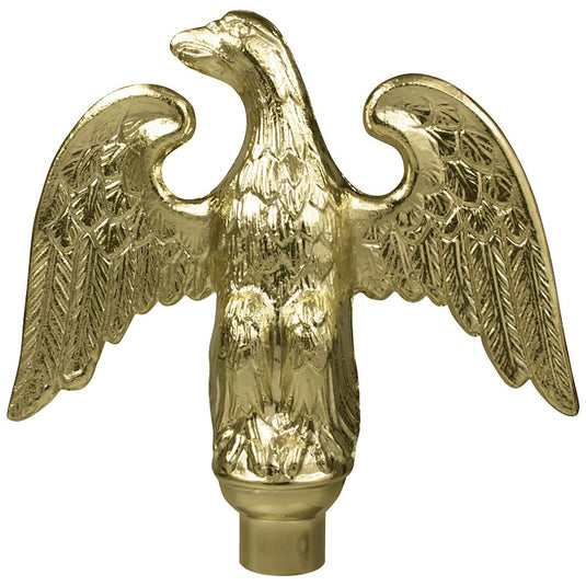 Detailed Gold Metal Perched Eagle finial with feathered wings and ferrule attachment for indoor oak flagpoles.
