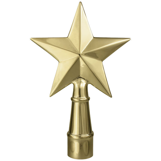 Polished Gold Metal Texas Star finial with five points and a ferrule base for indoor oak flagpoles.