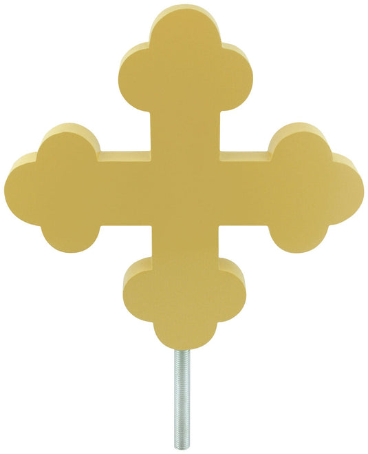 Gold-painted Aluminum Botonée Cross Flagpole Ornament with cloverleaf ends and a threaded base.