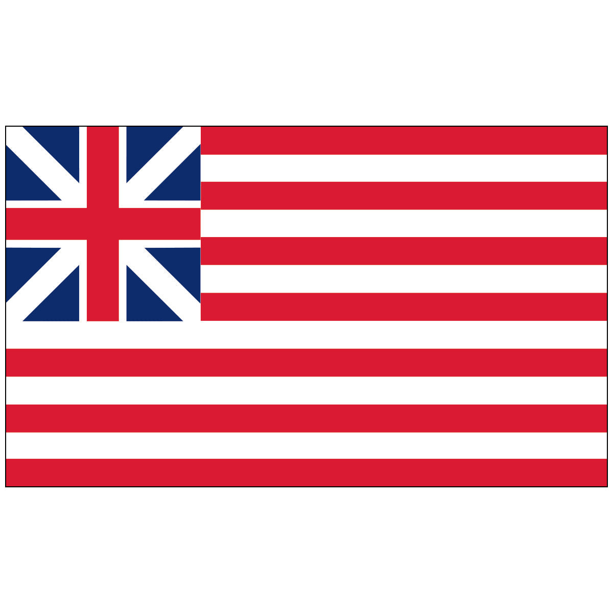 The Grand Union U.S. Historical Flag, also known as the Continental Colors, prominently featuring thirteen alternating red and white stripes representing the original colonies. The upper left canton contains the British Union Jack (Crosses of St. George and St. Andrew), signifying the colonies' allegiance at the beginning of the Revolution (1775-1777).