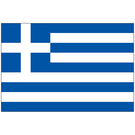 The official National Flag of Greece (Galanólefki), featuring nine alternating horizontal stripes of deep blue (sea/sky) and white (purity/freedom). A white cross, symbolizing Greek Orthodox Christianity, is prominently placed in the upper blue canton.