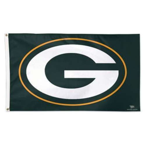 Official NFL Green Bay Packers deluxe 3'x5' sport flag on a dark green field. The flag prominently displays the large white and gold oval "G" team logo, featuring a white canvas header and grommets for outdoor use.