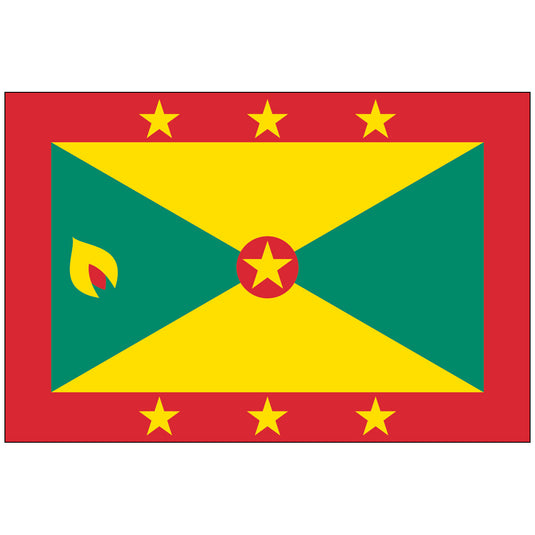 The National Flag of Grenada features a unique design with a bold red border containing six yellow stars (representing the six parishes). The center is quartered diagonally with yellow (wisdom/sun) and green (vegetation/agriculture) triangles. A stylized nutmeg pod, representing the 