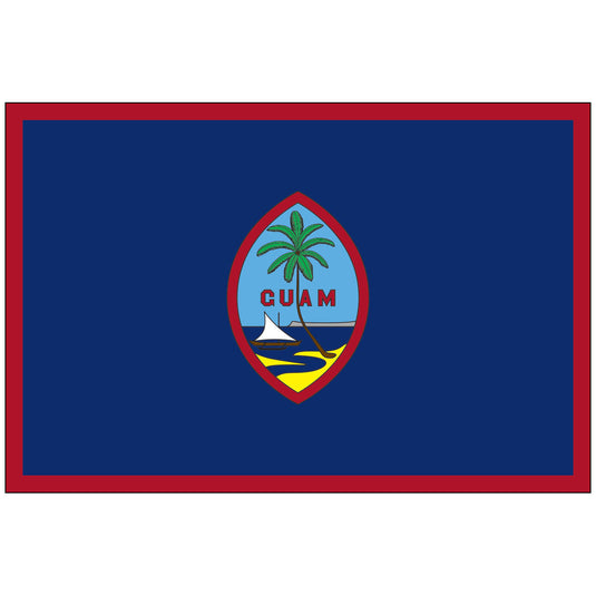 The Nylon Territorial Flag of Guam features a deep marine blue field surrounded by a thin red border. Centered on the flag is an almond-shaped seal depicting a traditional flying proa outrigger canoe sailing on the ocean next to a beach with a bent coconut palm tree, with 