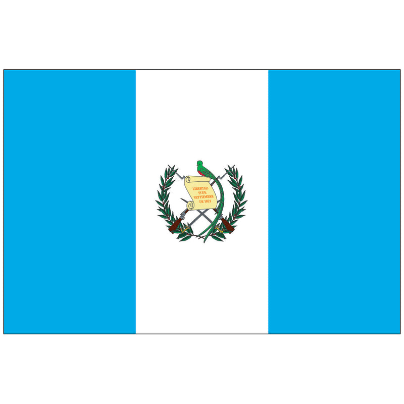 Load image into Gallery viewer, The official State Flag of Guatemala, a vertical triband of sky blue, white, and sky blue, with the national coat of arms centered on the white stripe. The emblem features the Resplendent Quetzal (symbolizing liberty), a parchment scroll, crossed rifles, and crossed swords within a laurel wreath.
