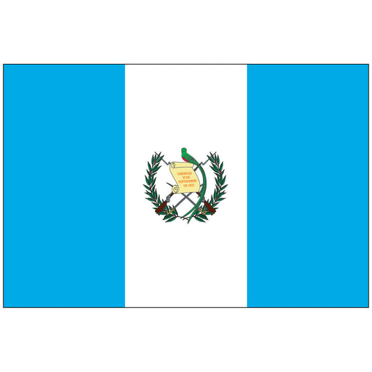 The official State Flag of Guatemala, a vertical triband of sky blue, white, and sky blue, with the national coat of arms centered on the white stripe. The emblem features the Resplendent Quetzal (symbolizing liberty), a parchment scroll, crossed rifles, and crossed swords within a laurel wreath.