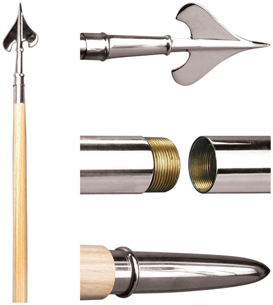 High-quality, silver chrome Guidon Pole Set displayed against a white background. Details show the two-piece natural ash wood pole with precision brass screw joint and the sharp metal spearhead ornament (finial).