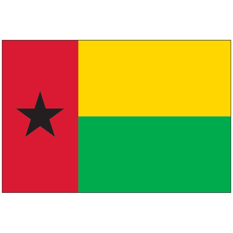 Load image into Gallery viewer, The National Flag of Guinea-Bissau, featuring a left vertical red stripe (for the struggle) containing a central black five-pointed star (for African freedom). The fly side is composed of two equal horizontal Pan-African stripes: yellow (top, for the sun/mineral wealth) over green (bottom, for forests/hope).
