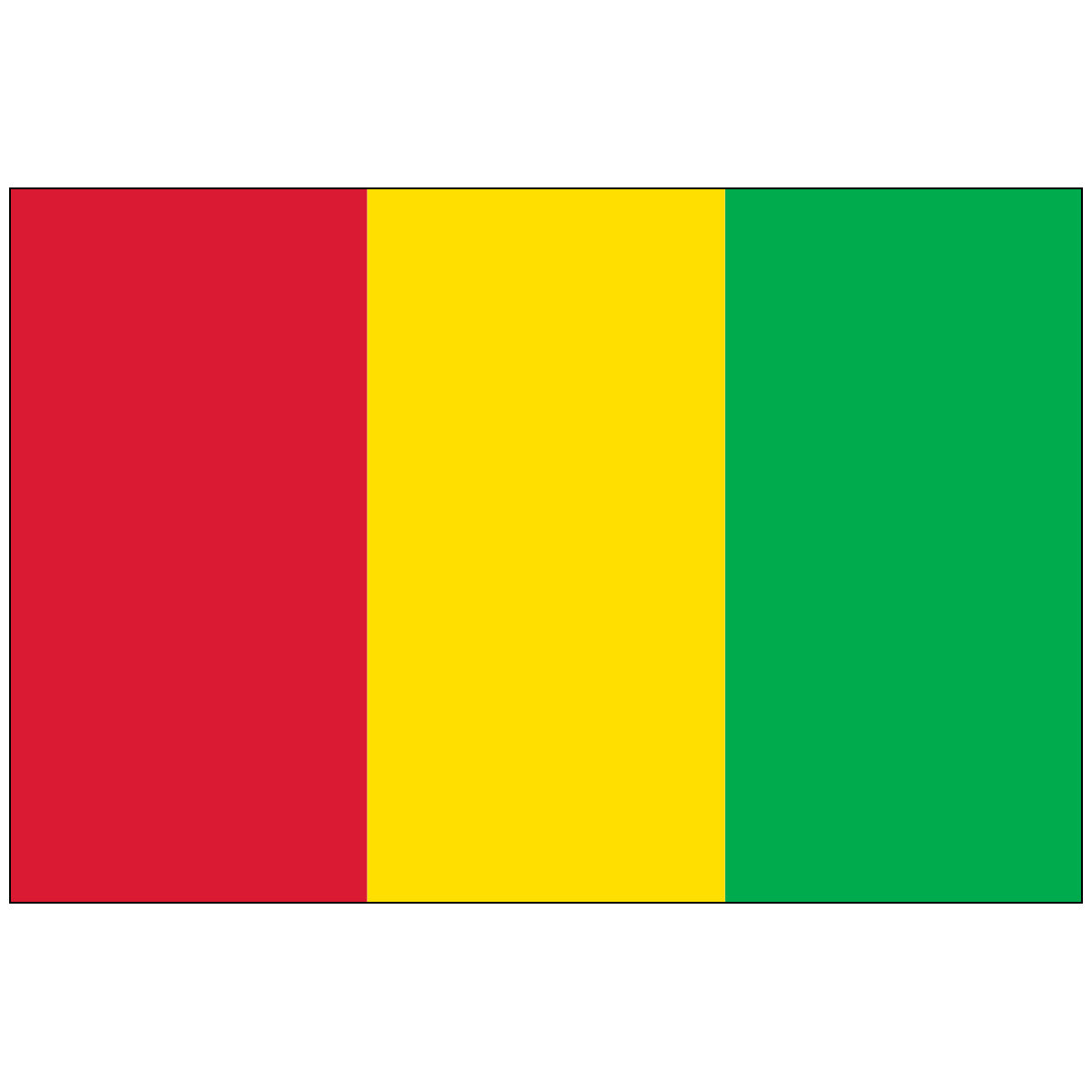 The National Flag of Guinea, a Pan-African vertical tricolor consisting of three equal bands: red (hoist, symbolizing sacrifice and labor), yellow (center, representing gold, the sun, and justice), and green (fly, for agricultural wealth and solidarity). The flag design is the reverse of Mali's tricolor.