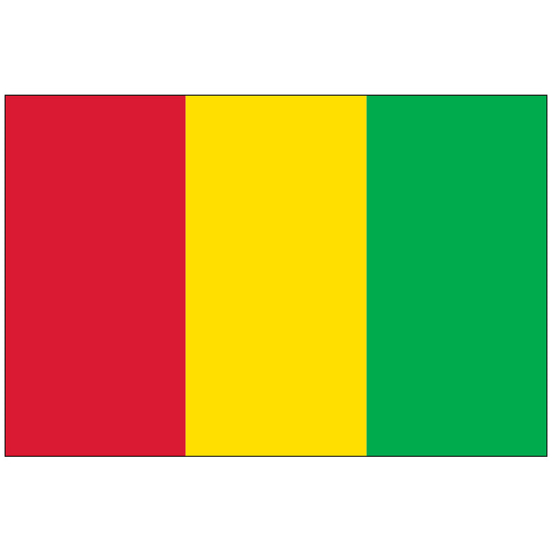 Load image into Gallery viewer, The National Flag of Guinea, a Pan-African vertical tricolor consisting of three equal bands: red (hoist, symbolizing sacrifice and labor), yellow (center, representing gold, the sun, and justice), and green (fly, for agricultural wealth and solidarity). The flag design is the reverse of Mali's tricolor.
