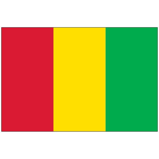 The National Flag of Guinea, a Pan-African vertical tricolor consisting of three equal bands: red (hoist, symbolizing sacrifice and labor), yellow (center, representing gold, the sun, and justice), and green (fly, for agricultural wealth and solidarity). The flag design is the reverse of Mali's tricolor.