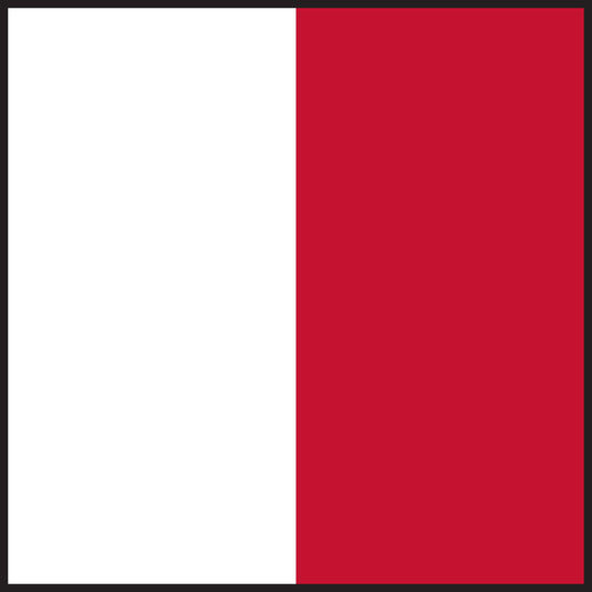 The H (Hotel) International Code of Signals flag, featuring a square design vertically divided into two equal halves: white on the hoist side and red on the fly side. In maritime communication, this signal flag means: 