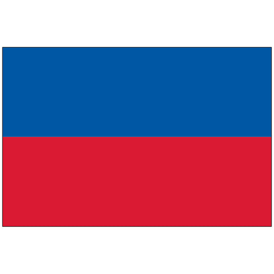 The Civil Flag and Ensign of Haiti, a simple horizontal blue and red bicolour that omits the national coat of arms. The bold red and blue stripes represent the union of Haiti's citizens and its revolutionary history against colonial rule.