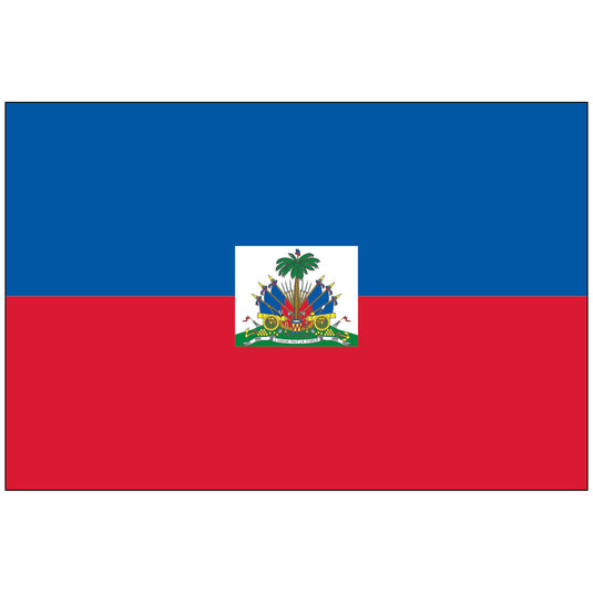 The State Flag of Haiti features two horizontal bands of royal blue (top) and red (bottom), with the detailed national coat of arms centered on a white square panel. The emblem shows a trophy of weapons, a palm tree topped with a Liberty Cap, and the motto 