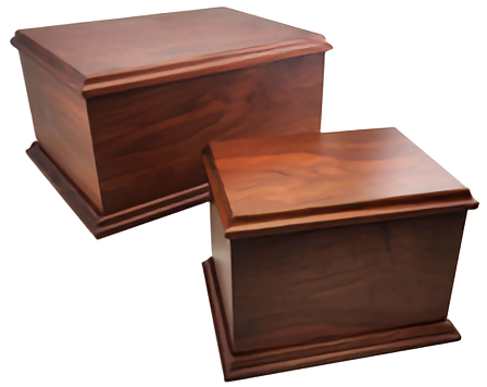 Image showcasing two versions of the Heritage Military Urn in different sizes (large and small) to illustrate scale. Both USA-made urns feature the same classic, block-style construction with a multi-layered, polished dark wood finish.