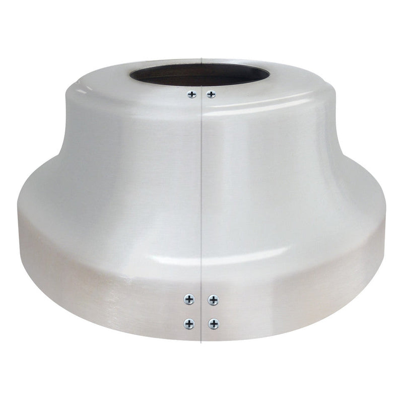 Load image into Gallery viewer, High-profile split aluminum flagpole flash collar in a smooth, clean white painted finish. This two-piece conical base cover is designed to wrap around an existing pole installation and is secured with visible silver screws along the vertical seam.
