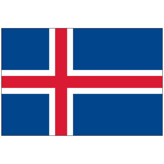 Nylon Flag of Iceland: A navy blue field with a red Nordic cross outlined in white. The colors represent the island's landscape: red for fire, white for ice, and blue for the ocean.