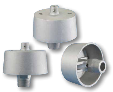 Three angled views of the IHT-VS stationary flagpole truck for internal halyard systems. The conical, cast aluminum truck features a threaded base and a small single pulley opening on the top for routing halyard rope.