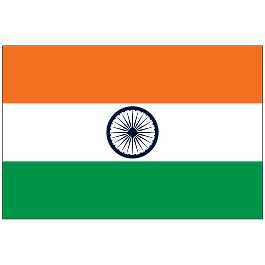 National Flag of India (Tiranga): A horizontal tricolor of saffron, white (center), and green, featuring a navy blue Ashoka Chakra (wheel of law) with 24 spokes centered on the white stripe.