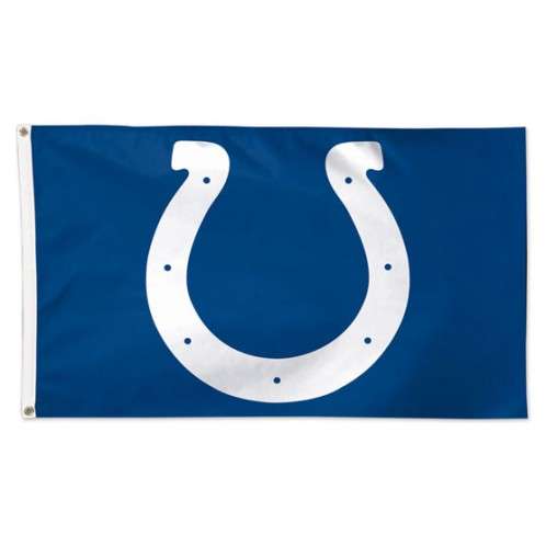 Deluxe 3'x5' NFL Indianapolis Colts flag on a royal blue field, featuring the team's large, iconic white horseshoe logo with seven nail holes.