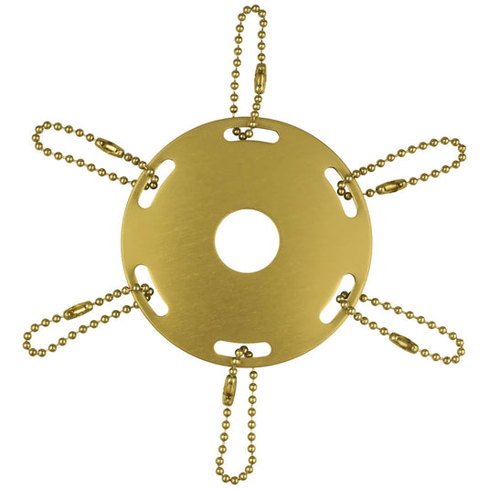 Circular indoor flagpole accessory in a polished gold metal finish. This ring attaches to a parade pole and includes six gold bead chains for securing award medallions and ceremonial streamers.