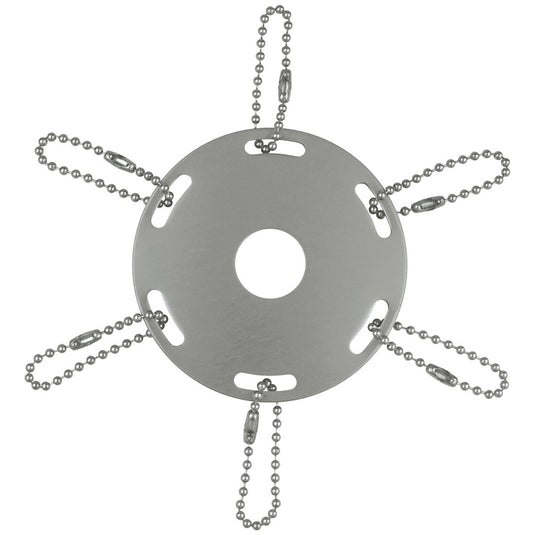 Circular indoor flagpole accessory in a brushed silver metal finish, designed to slide onto a pole. It features six chain connectors for displaying ceremonial ribbons or military awards.
