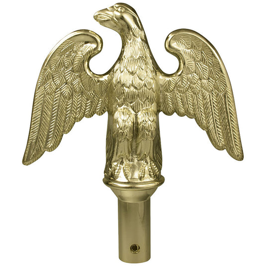 Detailed gold-finish, perched eagle ornament (finial) for an indoor flagpole. This durable, high-impact ABS styrene topper features outstretched wings and a socket for ceremonial pole mounting.