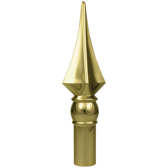 Polished gold-finish spear finial for an indoor flagpole. This high-impact ABS styrene ornament features a sharp, stylized point designed for formal or ceremonial pole displays.