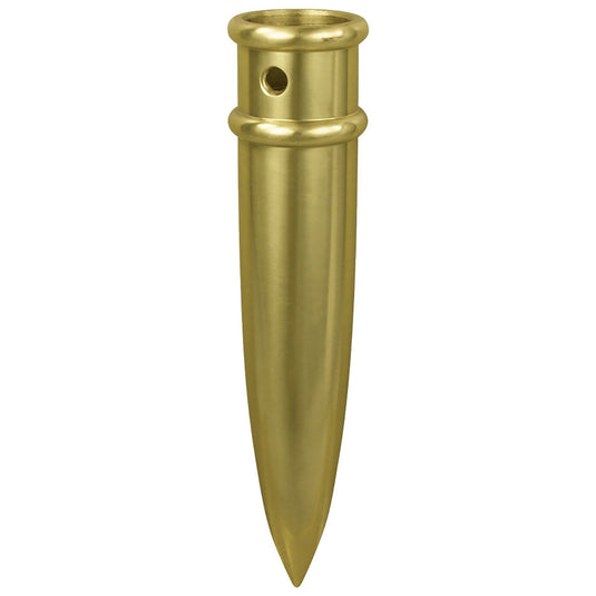 A heavy-duty indoor flagpole ferrule in a polished gold brass finish, featuring a secure socket and a sharp pointed bottom designed to anchor the pole in a presentation floor stand.