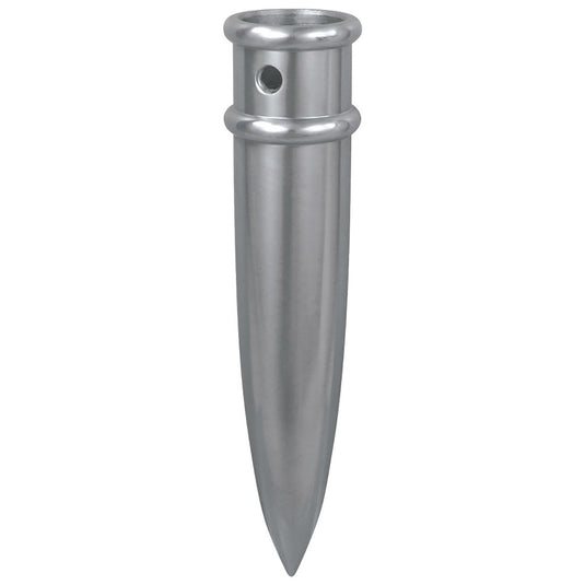A heavy-duty indoor flagpole ferrule in a polished silver finish, featuring a secure socket for the pole and a sharp pointed bottom designed to anchor the pole in a floor stand.