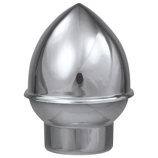 Polished, reflective silver chrome plastic acorn finial designed for easy slip-fit on an indoor flagpole. This finial provides a mirror-like finish for formal displays.