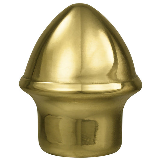 Ceremonial gold brass-look acorn finial for an indoor flagpole. This decorative topper features a smooth, domed base and a pointed tip, intended for slip-fit mounting.