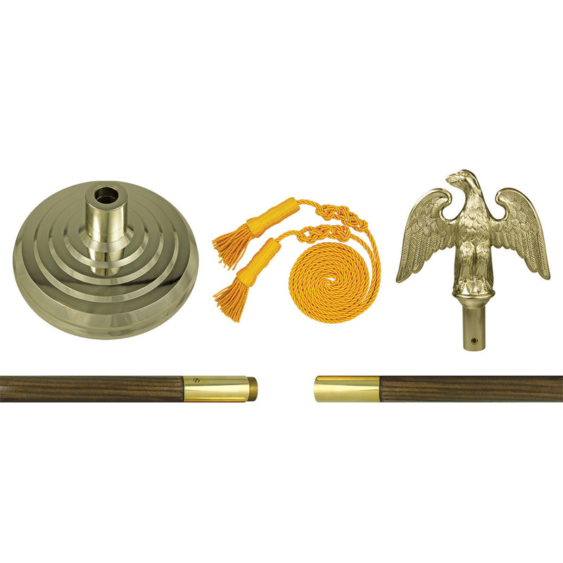 Load image into Gallery viewer, Assembly kit view showing polished oak parade pole sections with brass fittings, a gold floor stand, coiled gold cord and tassels, and the gold eagle finial.
