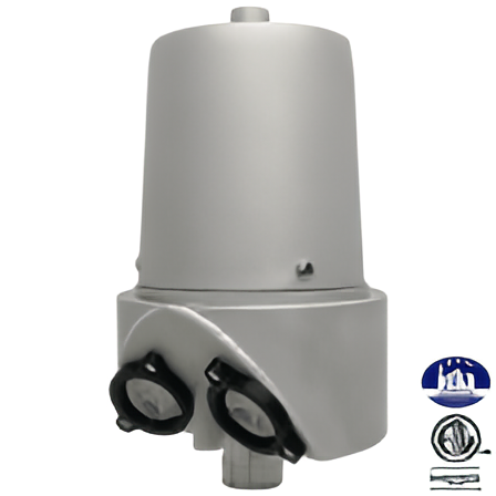 Load image into Gallery viewer, Simple illustration of the Made in the USA internal halyard flagpole beacon truck light, a silver cone-shaped unit with two LED light openings at the base.
