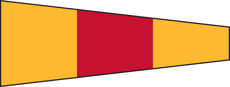 Load image into Gallery viewer, International Code of Signals pennant for the number nine, designed with vertical stripes of yellow, red, and yellow.
