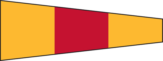 International Code of Signals pennant for the number nine, designed with vertical stripes of yellow, red, and yellow.