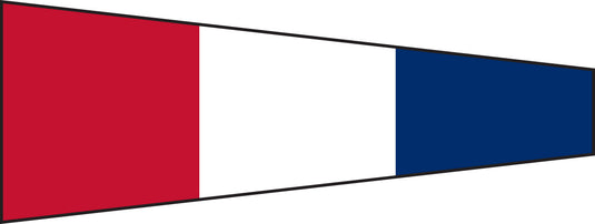 International Code of Signals pennant for the number three, featuring vertical stripes of red, white, and blue.